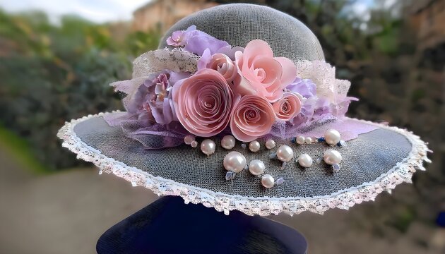 hat with floral decoration and lace on the edge