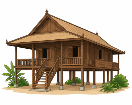 Traditional Asian Wooden Stilt House Illustration isolated on White Background