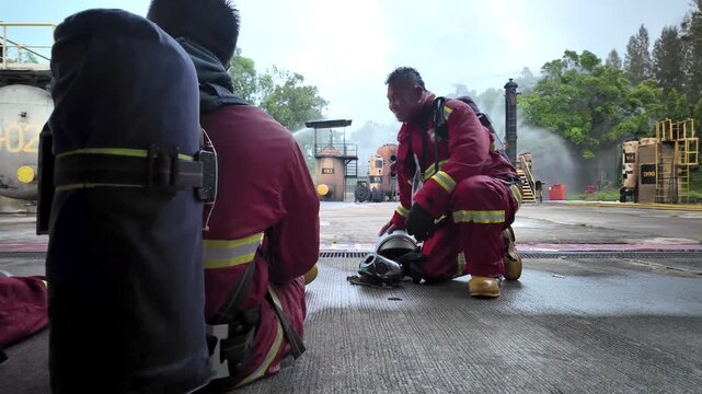 Firefighter wearing full protective equipment and breathing apparatus taking a break and prepares for emergency response during a fire safety training exercise