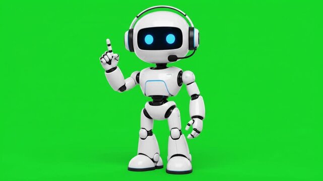 Futuristic Humanoid Robot on Green Screen with Headset and Raised Finger