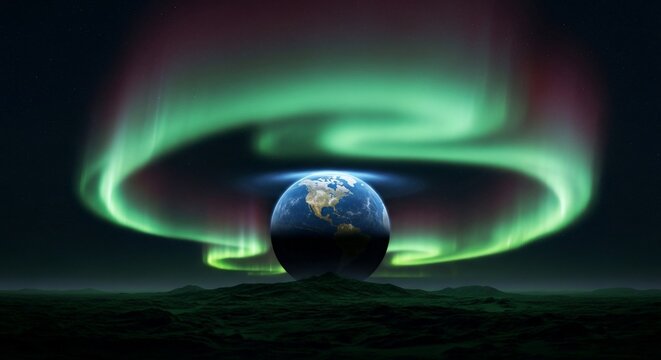 Planet Earth glowing under a vibrant green aurora borealis in the night sky.