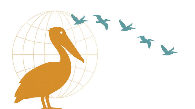 Landscape-oriented flat vector poster featuring a large warm ochre silhouette of a pelican standing at left foreground with a simple eye dot and large pouch beak