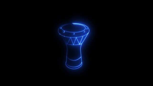 Glowing neon darbuka icon isolated on black background. Musical instrument. showcasing a minimalist outline of a traditional ethnic percussion musical instrument. 4k video darbuka animation.