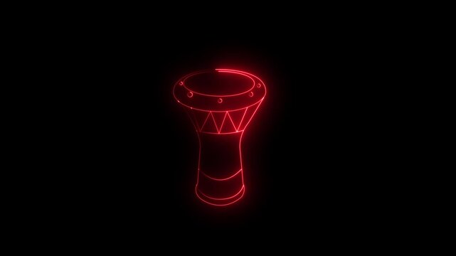 Glowing neon darbuka icon isolated on black background. Musical instrument. showcasing a minimalist outline of a traditional ethnic percussion musical instrument. 4k video darbuka animation.