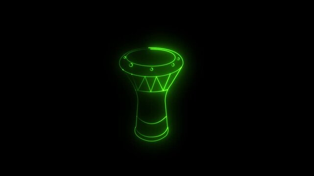 Glowing neon darbuka icon isolated on black background. Musical instrument. showcasing a minimalist outline of a traditional ethnic percussion musical instrument. 4k video darbuka animation.