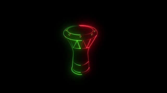 Glowing neon darbuka icon isolated on black background. Musical instrument. showcasing a minimalist outline of a traditional ethnic percussion musical instrument. 4k video darbuka animation.