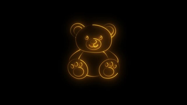 glowing neon teddy bear icon isolated on black background. representing plush toys and childhood comfort. perfect for children&rsquo;s products, baby items, and playful graphic designs. 4k video animation .