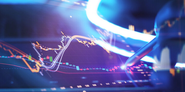 Interactive Technical Analysis of Cryptocurrency Market with Stylus on Glowing Digital Display