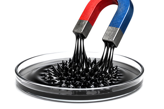 Horseshoe magnet attracting ferrofluid. Magnetic liquid experiment in a petri dish.