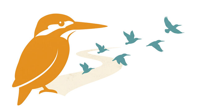 Landscape-oriented flat vector poster featuring a large warm amber silhouette of a kingfisher perched at left foreground with a simple eye dot and long dagger beak
