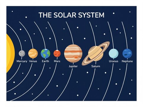 Solar system diagram with eight labelled planets in orbital order