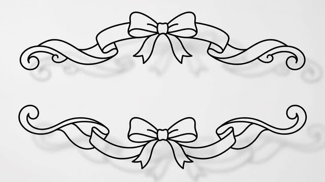 Animated black line art ribbons with decorative bows appearing on white