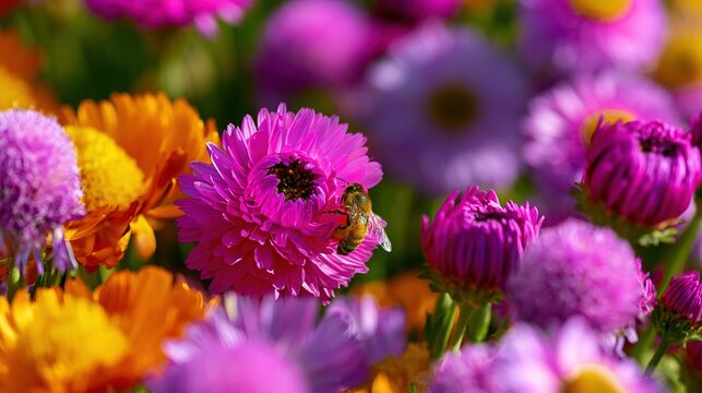 simile. A vibrant artificial flower among real blossoms with a bee approaching in a garden. gardening catalogs, home-decor guides, designed for home decor and floral branding.