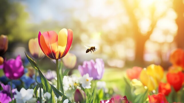 simile. A vibrant artificial flower among real blossoms with a bee approaching in a garden. gardening catalogs, home-decor guides, designed for home decor and floral branding.
