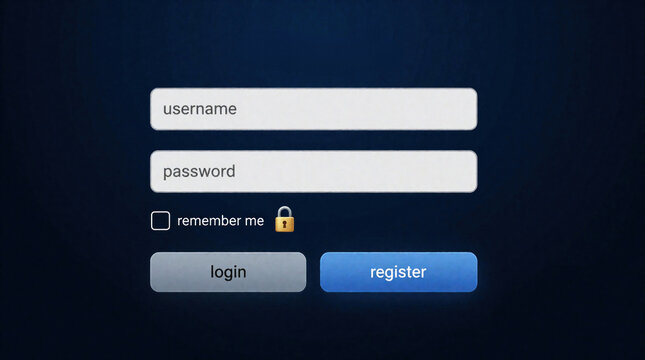 Digital login screen interface on dark blue background. User enters username, password into white input fields. Web page features remember checkbox with lock icon, login button, blue register button