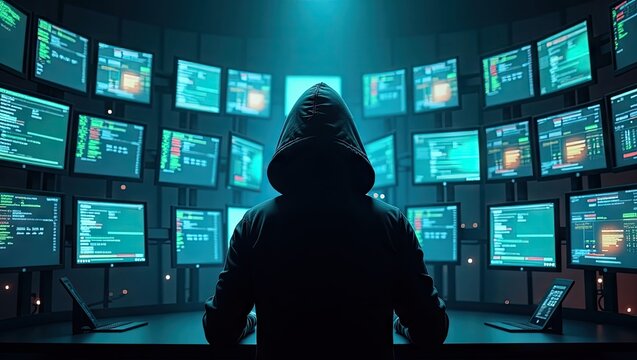 Mysterious figure facing glowing screens cybersecurity data analysis future tech concept