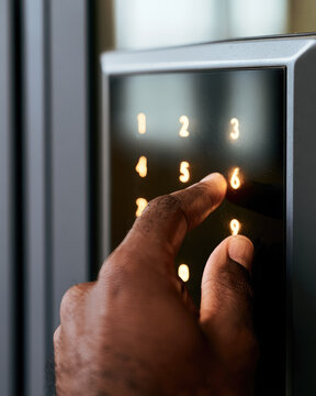 Opening smart lock keypad close up view with person index finger touching backlit number on electronic door lock, natural skin texture and copy space