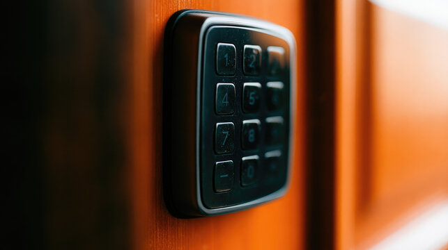 Black digital keypad mounted on wooden door, with soft daylight, shallow focus, and subtle reflections creating secure modern entryway