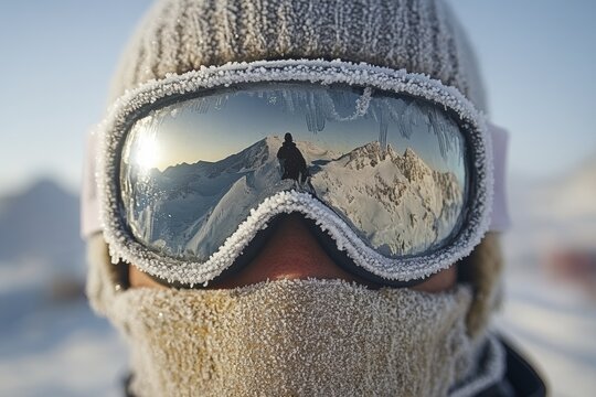 Arctic adventure: reflections of snowy peaks in frost-covered goggles