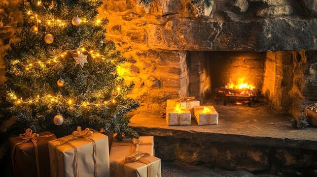 reunion. A festive holiday scene with a decorated tree and gifts near a cozy stone fireplace. lifestyle magazines, social media lookbooks, designed for influencer and brand collaborations.