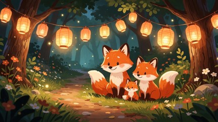 Naklejka premium Cute fox family sits in dark magical forest. Three orange foxes rest on forest path under glowing paper lanterns. Fantasy night woods scene with warm light, tiny flowers, trees. Whimsical woodland