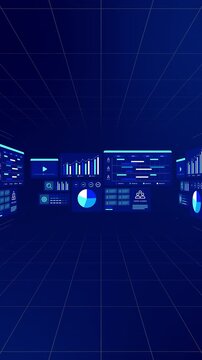 Virtual room space with floating blue dashboards displaying audience demographic charts and timelines in portrait.