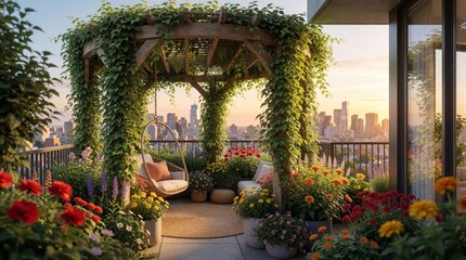 Fototapeta premium Urban balcony oasis with wooden pergola covered in green vines. Colorful flowers and hanging chair create cozy seating area with city skyline view at sunset.