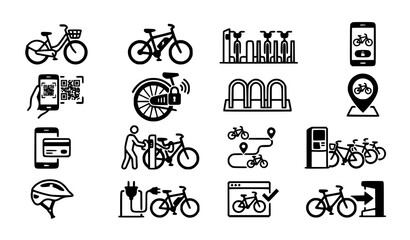 Fototapeta premium Bicycle sharing and smart bike rental vector icons for urban mobility