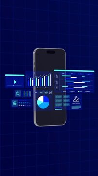 Standing smartphone displaying digital audience analytics dashboard with floating pie charts and timelines.