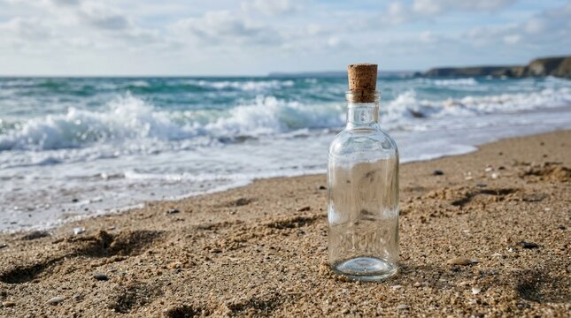 Message in a bottle on a sandy beach by the sea
