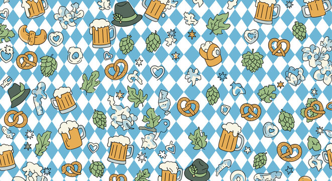 Oktoberfest vector pattern with beer mugs, pretzels, hops, and Alpine hats on a blue and white Bavarian diamond background for festival celebration and seasonal events.
