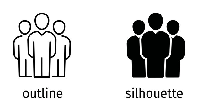 Team Icon Comparison: A side-by-side comparison of two icons representing a group of people, one in outline form and the other as a silhouette.
