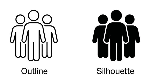 Group Icon Comparison: A visual representation comparing outline and silhouette icons of a group of people, highlighting distinct styles for representing a collective.
