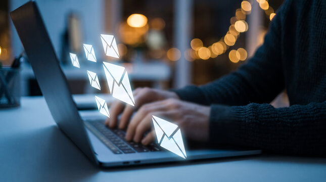 Hands Typing on Laptop with Floating Message Icons at Evening Desk

