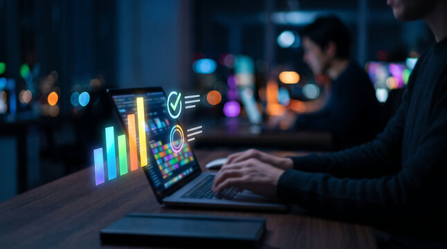 Hands Typing on Laptop with Glowing Charts and Checkmark Icons
