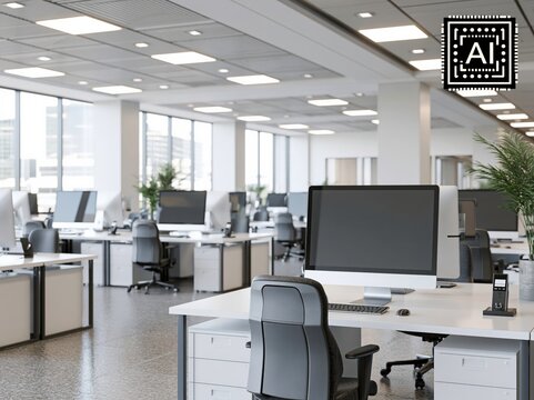 Bright open office space with tidy workstations and AI chip symbol in the corner