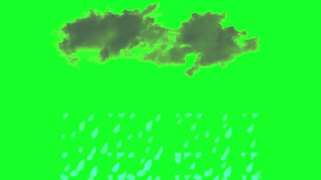 Rainy storm cloud on green screen, dark thundercloud with falling raindrops, weather effect for video compositing