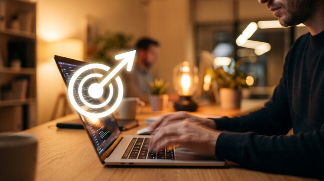 Hand Typing on Laptop with Glowing Target and Arrow Icon Goal and Success Concept
