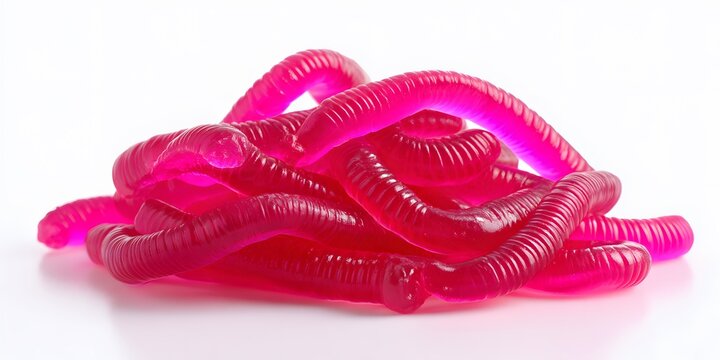 Vibrant pink gummy worms are arranged in a loose pile against a clean white background