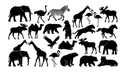 Fototapeta premium Wild animals silhouettes set vector illustration collection isolated on white background for safari nature graphic design projects