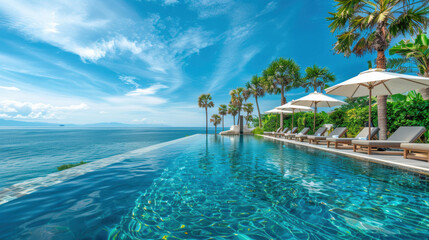 Naklejka premium Luxury Infinity Pool Overlooking Tropical Beach and Turquoise Sea at Exotic Resort