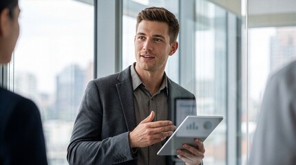 Fototapeta premium Business Consultant Presenting Digital Information on Tablet
