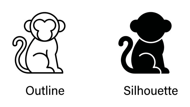 Monkey Icon Outline and Silhouette: A minimalist graphic showing two monkey icons, one as a simple outline and the other as a solid black silhouette, representing versatility and simplicity.
