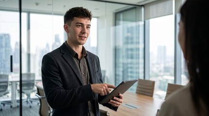 Fototapeta premium Male Entrepreneur Reviewing Business Information on Tablet