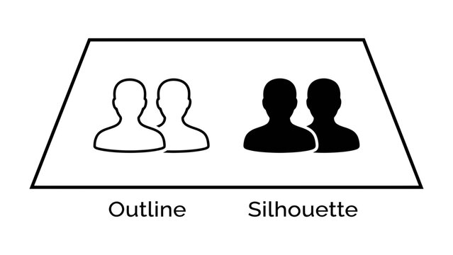 Outline vs Silhouette Representation: A clear visual comparison demonstrating the difference between an outline and a silhouette of two people, illustrating distinct graphic representation styles.