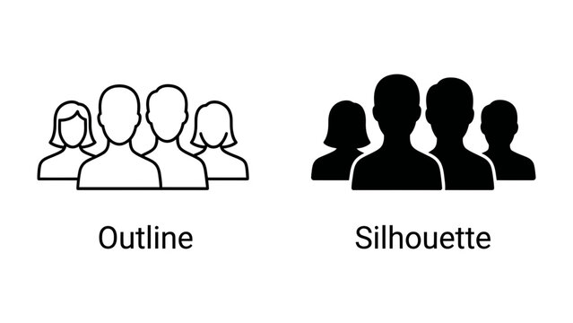 Group of People Icons: Two stylized representations of a group of people, one in outline and the other in silhouette, symbolizing community and collective identity