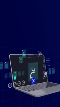 Open laptop computer displaying futuristic blue human resources recruitment dashboard and candidate checks in portrait.