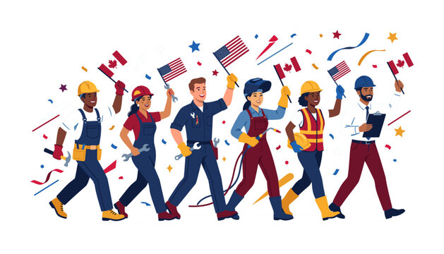 Diverse group of industrial workers celebrating with american and canadian flags