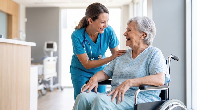 Smiling nurse in scrubs comforts a laughing elderly woman in a wheelchair in a bright hospital room; stethoscope visible, medical equipment in soft focus