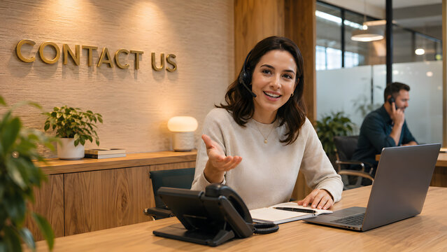 Friendly Female Customer Service Agent Wearing Headset in Contact Center. Contact us concept.